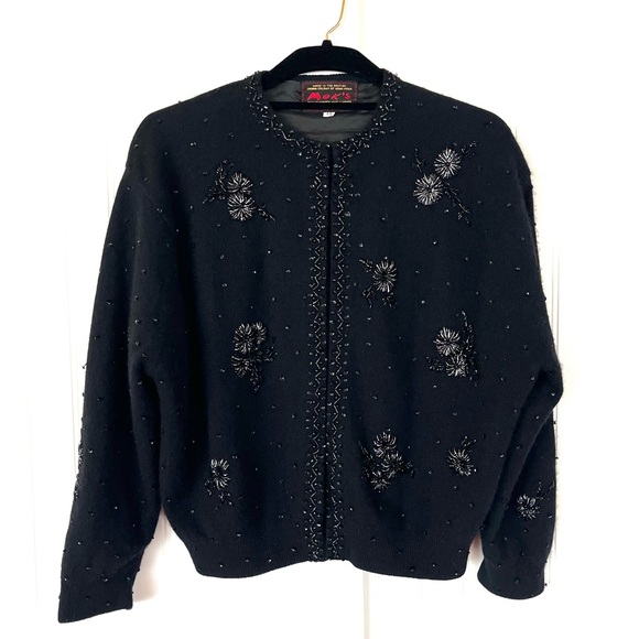 Vintage 1950s Black Angora Cardigan Fuzzy Sweater Hand Beaded Floral Soft Large